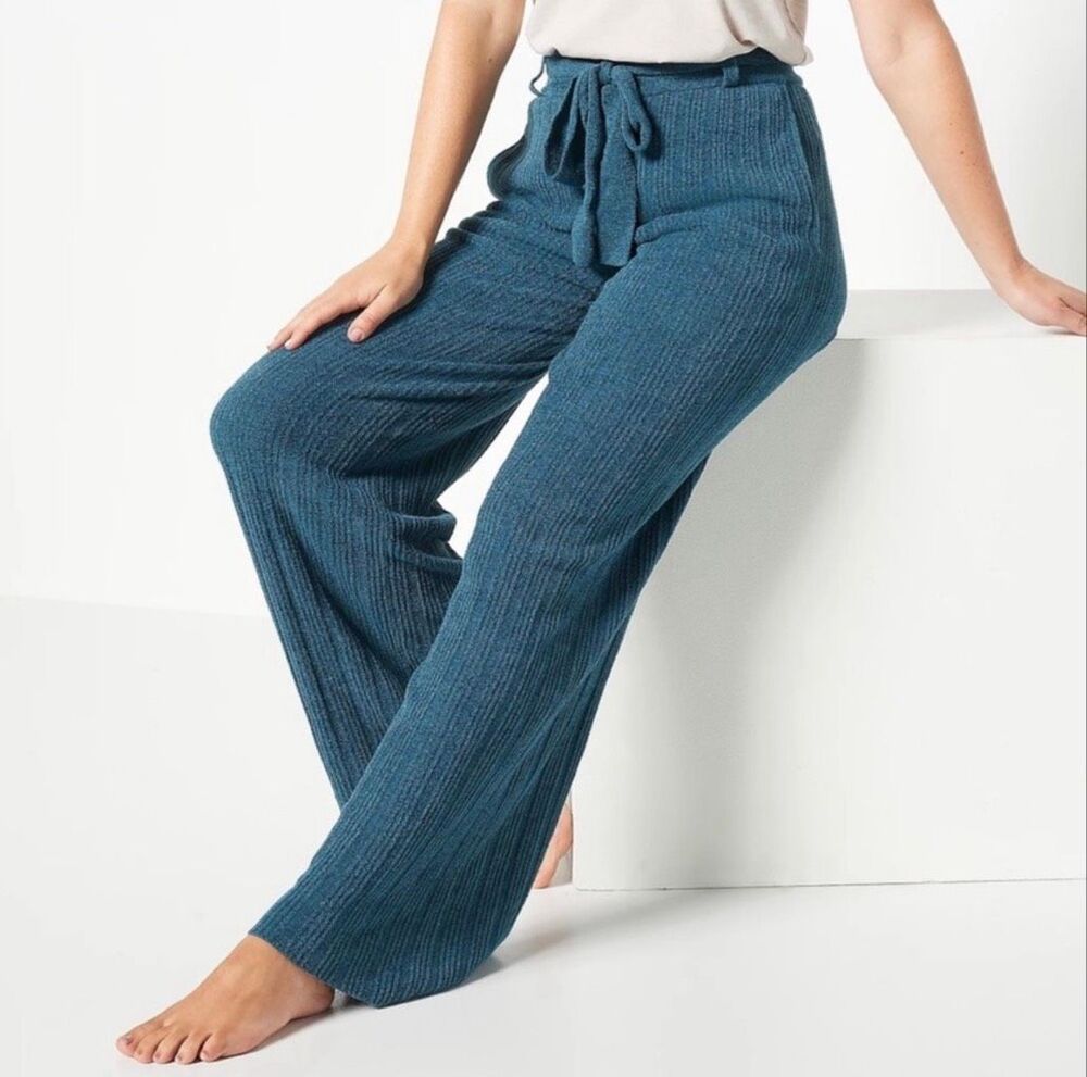 Barefoot Dreams $155 Women's CozyChic Ultra Lite Rib Belted Pants deep teal M NW